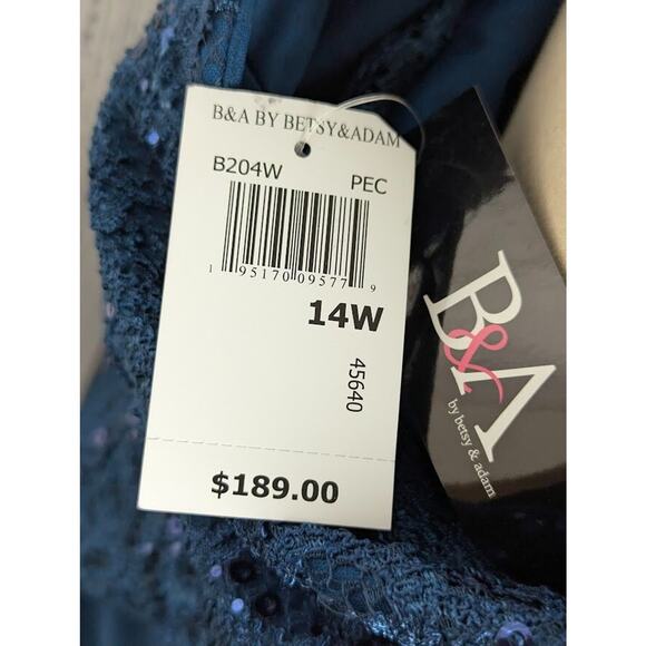 B&A by Betsy & Adam V Neck Gown Peacock Maxi Size 14W Sequin Lace Sleeves - Picture 7 of 7